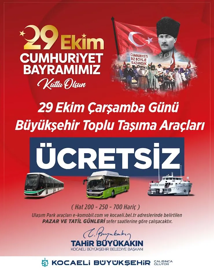 29 Ekim’de toplu ulaşım ücretsiz