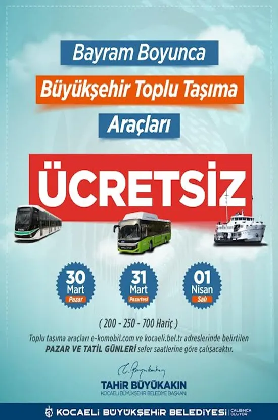 Bayram boyunca ulaşım ücretsiz